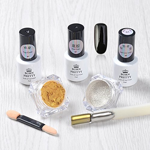 Born Pretty 6pcs/set Shinning Mirror Nail Glitter Powder Nail Art Chrome Pigment Black UV Gel Kit with brush