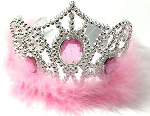 Girls Tiara Crown Fur Trim Solid Jewel Fancy Dress Hair Band Birthdays Hen Night (Pink)