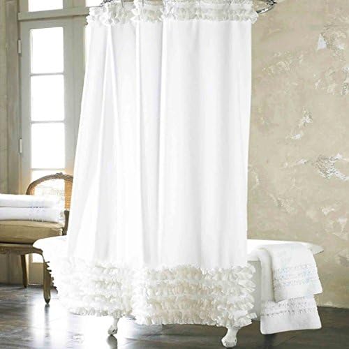 iSinotex Elegant White Ruffle Shower Curtain with 12 Rings Waterproof Bathroom Decor 180x180cm