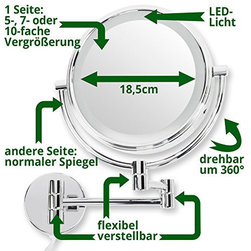 casa pura® Kosmetikspiegel für die Wandmontage | mit LED Beleuchtung | 3 hohe Vergrößerungsgrade wählbar (10-fach) - 5