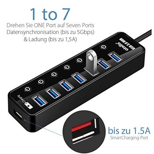 Atolla USB 3.0 Hub 7 port Multi USB Splitter Netzteil mit Schalter und 5V/3A 15W Power Supply Adapter -Schwarz - 3