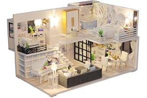 Fsolis Casa de Muñecas en Miniatura de Bricolaje con Mueble, Casa en Miniatura de Madera 3D con Cubierta Antipolvo y Movimiento Musical, Kit de Regalo Creativo de Casas para Muñecas-Happy Time