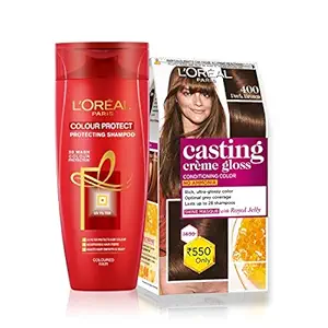 LOreal Paris Casting Creme Gloss Hair Color (Dark Brown 400) & Color Protect Shampoo, 334 ml (Pack of 2)