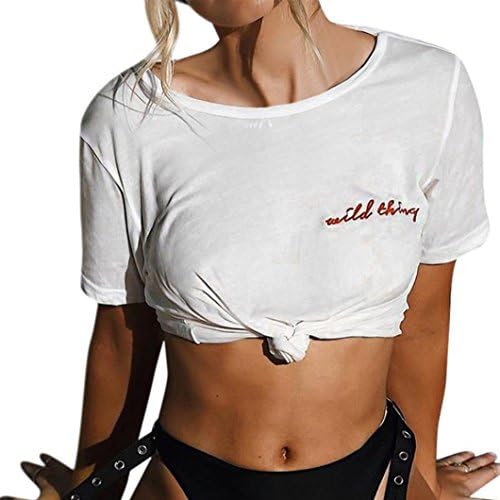 Quistal™ Women Teen Girls Wild Thing Letter Print Short Sleeve Blouse Round Neck T-Shirt Summer Tee Shirt (White, M)