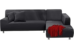 FIGOOO Sofabezug Ecksofa L Form Links Rechts Stretch Sofa Überwürfe 2er mit 2 Stück Kissenbezug Abnehmbarer Universal Elastische Couchbezug Sofahusse L Shaped (3 Sitzer+3 Sitzer,Dunkelgrau)