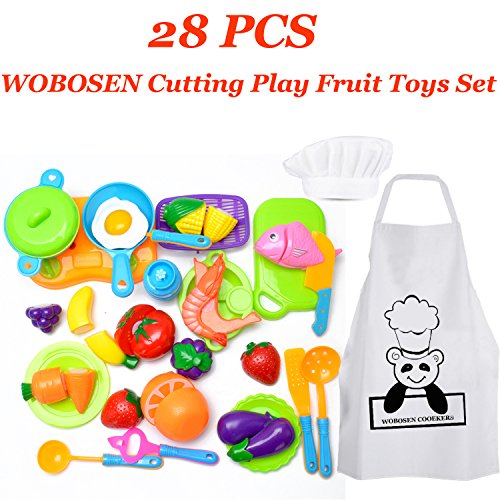 28 Piezas WoBoSen Cocina Juguete Niños Juguete Plástico de Corte de Vegetales de Fruta Juego de imaginación Juego de rol de Niños y Sombrero de Chef Delantal (Juguetes de cocina)