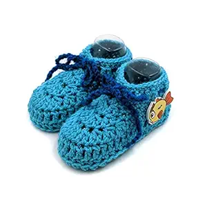 Magic Needles Autumn Winter Woolen Handmade Turkish Yarn Hand Knit Crochet Baby Ankle Boots (3-6 mths Toe to Heel 11 cms, 1783 Baby Boys Blue Fish)