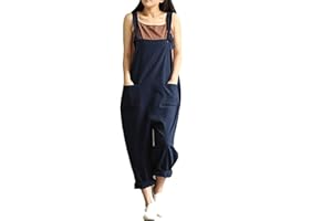 DOTBUY Salopette Femme en Lin Été Jumpsuit Combinaisons avec Poches Casual Loose Large Ample Harem Sarouel Pantalon Unie Playsuit Barboteuses (5XL,Bleu)