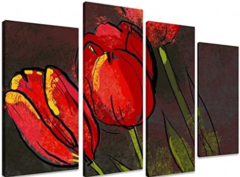 Canvas Art Picture - Painting Of Red Tulips On Brown + 4 Panel Standard - Multi Split Panel - Total Size 101cm x 71cm (40"x28") - Stapled onto Timber frames, ready to hang - Exclusive Art by Fluffy Cloud Design