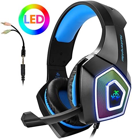 ArkarTechGaming Headset with Mic for Xbox One PS4 PC Switch Tablet Smartphone, Headphones Stereo Over Ear Bass 3.5mm Microphone Noise Canceling 7 LED Light Soft Memory Earmuffs(Free Adapter)