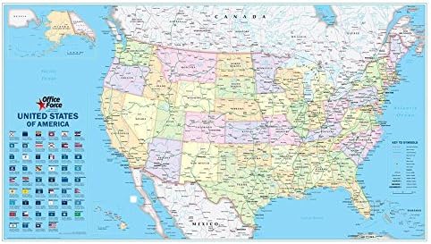 OfficeForce Large Laminated Wall Map of USA with States,Towns and Cities 67x118cm with FREE OfficeForce Jotter Pad (see inset) - Search: OfficeForce Map Kit Assorted Map Pens
