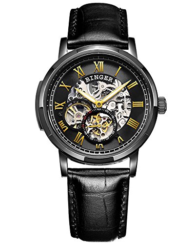 Binger Herren Automatikuhr Automatik Wasserdicht Mechanische Skeleton Uhr Wei Gelb Dial Leder Band Binger Herren Automatikuhr Automatik Wasserdicht Mechanische Skeleton Uhr Wei Gelb Dial Leder Band