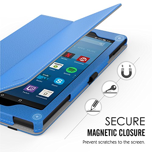 MoKo Hülle für All-New Amazon Fire HD 8 Tablet (7th Generation – 2017 Modell) – Kunstleder Ständer Schutzhülle Smart Cover mit Stift-Schleife für das neue Fire HD 8, Blau - 8