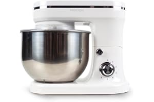 PRIXTON Mixeur Pétrisseur KR200 pour Pâtisserie, Puissance 1200 W, 6 Vitesses, Bol en Acier Inoxydable de 5 litres, 3 Accessoires, Couvercle Transparent (Blanc)