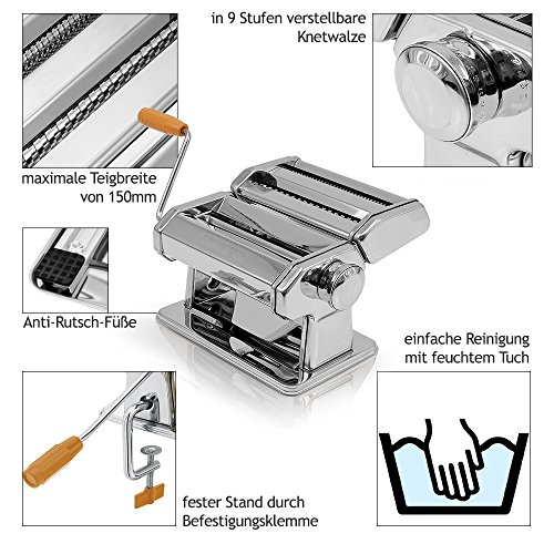 Nudelmaschine Edelstahl Pasta Maschine für div. Nudelsorten Pastamaker für 9 verschiedene Teigdicken - 7