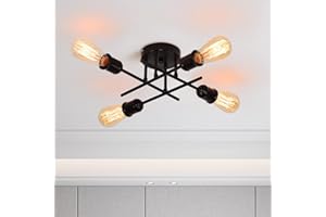 Qcyuui Industrial Semi Flush Mount Ceiling Light 4-Light Rustic Sputnik Chandelier with E27 Base, Modern Energy Efficient Black Ceiling Light Fixture for Kitchen Dining Living Room Bedroom