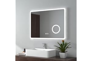 EMKE Backlit Illuminated Bluetooth Bathroom Mirror with Shaver Socket 800x600mm, Wall Mounted Multifunction LED Bathroom Vanity Mirror with Lights + Demister + 3-Fold Magnification