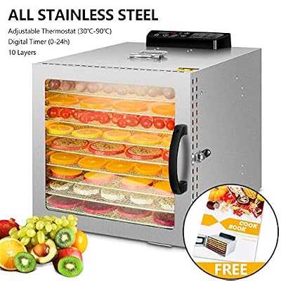 Kwasyo 1000W Déshydrateur alimentaire à 10 bacs avec et lumière chaude, thermostat 35-90 ° C, minuterie 24 heures, déshydrateur pour fruits, légumes, viandes, faible consommation d'énergie, sans BPA