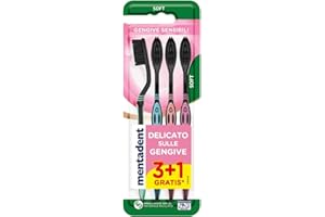 Mentadent Spazzolini per Gengive Sensibili 3+1 in Omaggio, Setole Morbide e Sottili, Collo a 3 Angoli per Pulizia Profonda, Testina con Pulisci Lingua, Confezione 4 Spazzolini Colorati per Famiglie