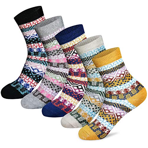 MORECOO Calcetines de invierno para mujer, 5 pares, gruesos, de lana, suaves, cálidos, casuales, vintage, coloridos, calcetines de regalo, tamaño libre -  Multi -  Talla única