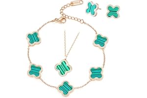 TOFBS Conjuntos de Joyas Trébol de Cuatro Hojas para Mujer y Niñas 18K Oro Rose Plateado Acero Inoxidable Doble Cara Verde Negro Trébol de Cuatro Hojas Collar Pendientes Pulsera Juego de Joyas (Verde)