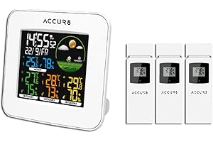 ACCUR8 Weather Station with 3 Outdoor Sensors, Official UK Model with MSF Radio-controlled Clock, Indoor/Outdoor Temp & Humidity, Mains Powered, with Battery Back-up
