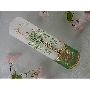 Taufkerze Baum des Lebens grün gold Alpha und Omega Taufkerzen Junge Mädchen 250/70 mm mit Name und Datum