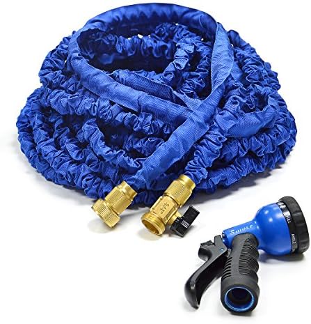Blue 50FT Flexible Garden Water Hose with Durable Latex Expandable Kink-free Hose pipe and Fits Common Style Solid Brass Hose fittings and Professional Spray Gun Tap to Pressure Washer Suitable