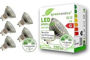 greenandco 5x bombilla LED GU10 | regulable sin regulador | 5W 320 lm | 3000K blanco cálido | 110° | 230V | CRI 90+ | sin parpadeo
