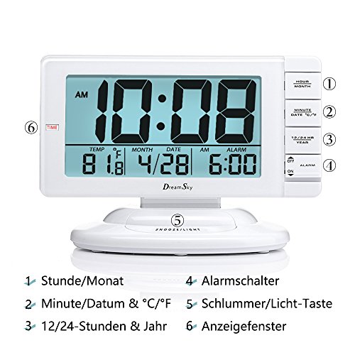 DreamSky Digitalwecker Tischuhr, Uhrzeit, Alarmzeit, Datum, und Temperaturanzeige, laut, ansteigender Weckton, Schlummerfunktion, 5,5 Zoll großes LCD Display mit intelligenter Hintergrundbeleuchtung, Batteriebetrieb, Weiß - 2