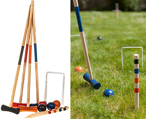 Hillington Â® Childrens 4 Player Outdoor Wooden Garden Croquet Set with 4 Brightly Coloured Junior Size Natural Wood Mallets, 4 Colour Co-ordinated Balls, 10 Metal Wire Hoops plus Wooden Start and Finish Posts â€“ Suitable for Ages 3yrs and Up