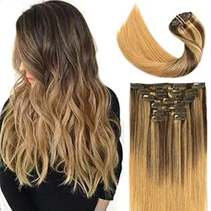 Clip In Hair Extensions Double Weft Brazilian Hair 120g 7pcs Medium Brown Fading to Golden Brown and Strawberry Blonde Highlighted Full Head Silky Straight 100% Human Hair Clip In Extensions 16 Inch