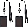 HOOTO 2 Pack Leather Badge Holder and Adjustable Retractable Lanyards, Quick Release Buckle and Safety Breakaway Lanyards with Swivel Metal Clasp for Offices, Staff, Students, Employees Black