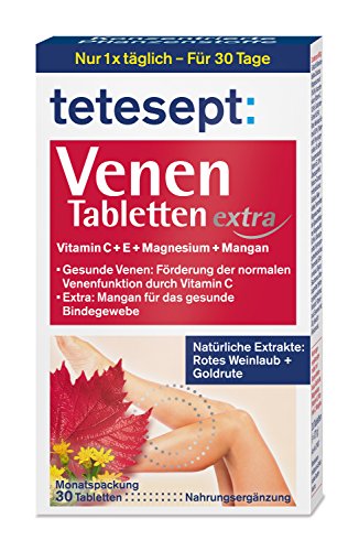 tetesept Venen Tabletten extra – Ergänzungsmittel zur Unterstützung der Venenfunktion dank Vitamin C, extra: Vitamin E, Magnesium & Mangan – 5 x 30 Stück [Nahrungsergänzungsmittel]