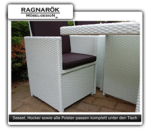 Gartenmöbel PolyRattan Essgruppe Tisch mit 4 x Stuhl & 4 Hocker DEUTSCHE MARKE -- EIGNENE PRODUKTION Garten Möbel incl. Glas und Sitzkissen Ragnarök-Möbeldesign