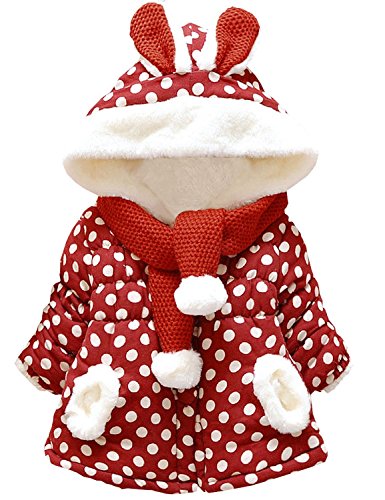 KKia Baby Girls Cute Rabbit Ears Hooded Polka Dot Print Winter Warm Coats Jackets Outerwear