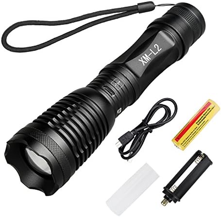 Qooltek LED Super Bright Rechargeable Torch, Zoomable Adjustable Focus Tactical Flashlight with 5 Modes, Waterproof Handheld Camping torch, 18650 Battery Included