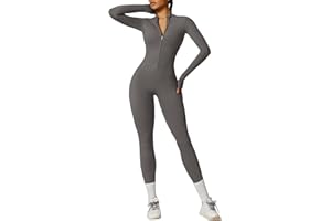 OEAK Damen Sport Jumpsuit Lang Eng Yoga Overall Langarm Rollkragen Playsuits mit Reißverschluss Nahtloser Bodysuit Bodycon Strampler Einteiler Romper