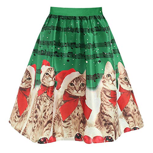 Jiangfu Women Christmas Kitty Cat Print High Waist Tea Mini