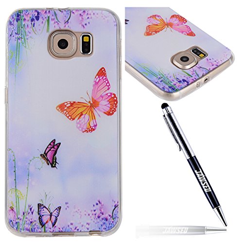 Galaxy S6 Hülle,Silikon Schutzhülle für Samsung Galaxy S6,JAWSEU Schön Bunt Schmetterling Muster Kristall Klar Anti-Scratch Weich Flexibel Bumper Tpu Gel Handyhülle Ultradünn Durchsichtige Tasche Case Cover Etui für Samsung Galaxy S6+1xSchwarz Glitzer Bling Eingabestift-Bunt Schmetterling