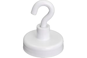 FIRST4MAGNETS Aimant de Serrage Peint en Ferrite Blanc Avec Crochet M4 Pour Réfrigérateur, Tableau Blanc, Tableau D'Affichage, Classement Ou Bureau - 25mm de diamètre x 38mm de Haut - Put 4kg - Pack de 10