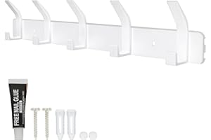 YUNISS Wieszak na ubrania, listwa z haczykami aluminiowymi, z 5 haczykami, haki ścienne, bez wiercenia, do korytarza, sypialni, łazienki (biały, 5 haczyków)