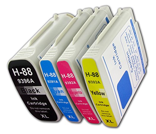 4 HP 88 XL kompatible Officejet/Officejet Pro Tintenpatronen von 'The Ink Squid' - 1 x HP 88 - Schwarz XL (69ml) - C9396A/C9385AE; 1 x HP 88 Cyan/Blau (28ml) - C9391A/C9386AE; 1 x HP 88 Magenta/Rot (28ml) - C9392A/C9387AE; 1 x HP 88 Gelb (28ml) - C9393A/C