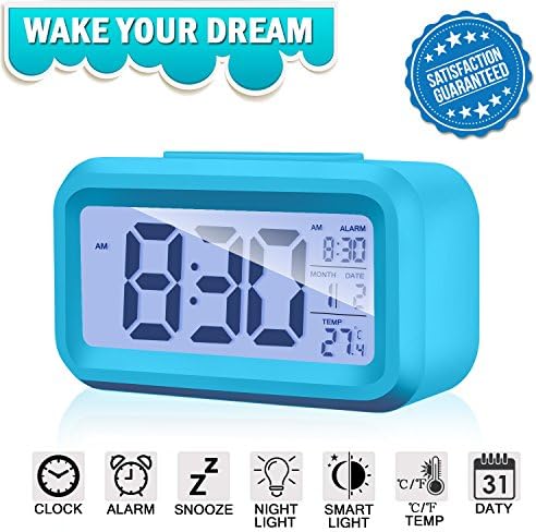 Alarm Clock Digital Large LCD Display Battery Operated Modern Portable Morning Sensor Smart Snooze Back-light Multi-function Clock Time Date Month Temperature Fits for Office Bedroom Dormitory Travel (Blue)