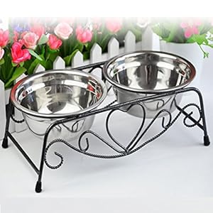 Doble del acero inoxidable del alimentador tazones para acero inoxidable para perros gato mascotas (plata)