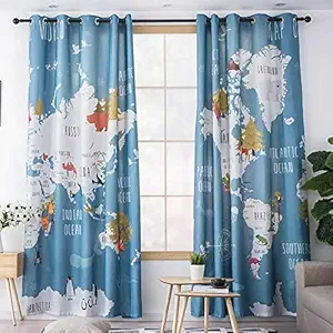 A4S 3D World Map Digital Printed Polyester Fabric Curtains f or Bed Room Kids Room Living Room Color Blue Window/Door/Long Door (D.N.666) (4 x 7 Feet (Size ; 48 x 84 Inch) Door, 2)