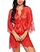 Produktbild Avidlove Damen Kleid Gown Kurz Dessous Kimono Spitze Weiter Ärmel Transparente Robe Mesh mit Gürtel und G-String Bikini Cover up Spitze Sommer Bat Weiter Ärmel, Rot, S