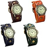 JewelryWe 4pcs Damen Armbanduhr Vintage Casual Analog Quarz Leder Band Uhr mit römischen Ziffern Zifferblatt Braun Orange Blau Dunkelgrün
