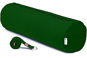 Yogan Yoga Bolster with a Yoga Belt/Strap | Natural Buckwheat Hulls Filling | Outer Cover (Could be Removed and Washed) - Made of 100% Organic Cotton (Natural Green)