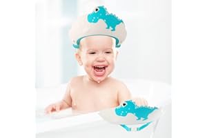 JOFONY Cuffia da doccia per bambini, per lavare i capelli, regolabile, protezione per gli occhi in silicone, per la doccia e lo shampoo (dinosauro blu)